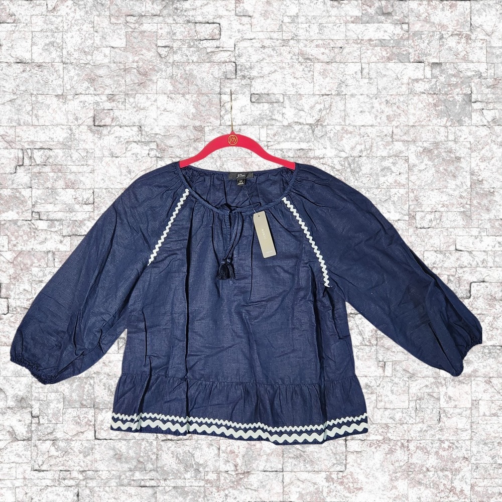 J.Crew Swing Blue Top Rickrack Trim L7449 Navy Puff Sleeve Blouse Womens XS NEW